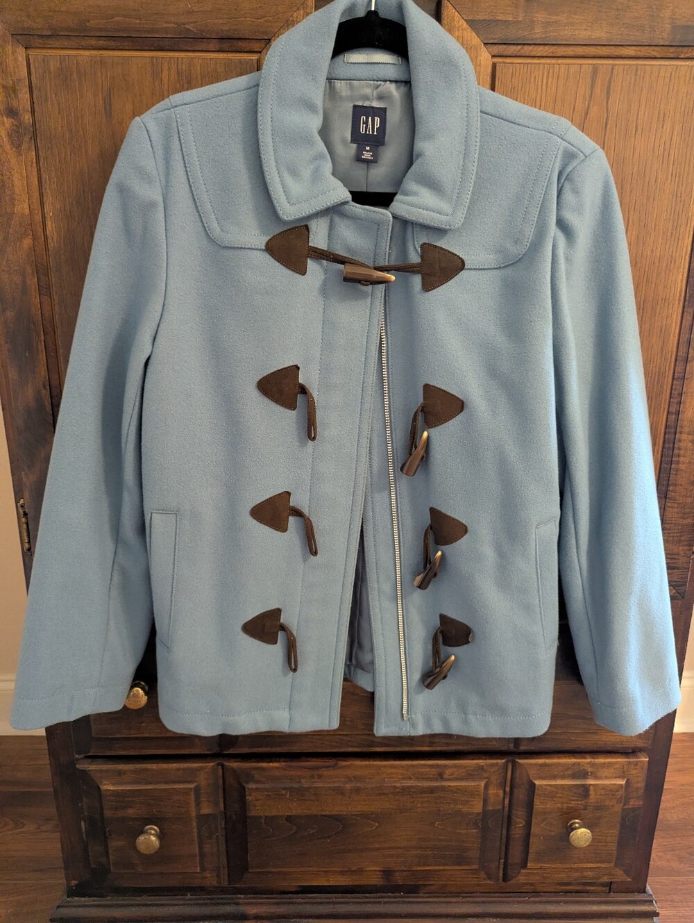 GAP Light Blue Toggle Pea Coat with Brown Accents